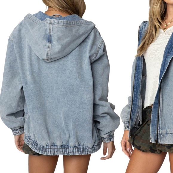 ❤️Edikted denim hooded bomber jacket XS vintage washed sold out everywhere - Picture 2 of 3